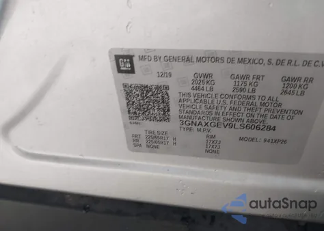 2020 Chevrolet Equinox Fwd L from USA, damaged, VIN 3GNAXGEV9LS606284
